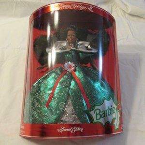 1995 Mattel Black HAPPY HOLIDAY Barbie Doll, Green Dress In Original Box
